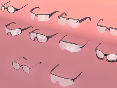 Various Styles of Safety Glasses and Goggles in Multiple Pairs on Pink Background 3d model
