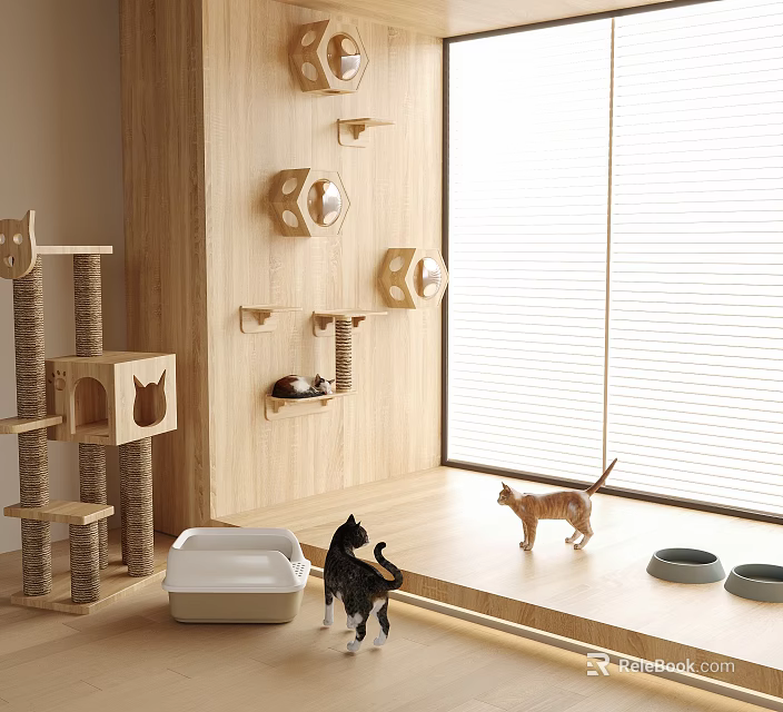 Wooden Bogu Shelf with Cat Tree Litter Box and Cats by Window Blinds 3d model 