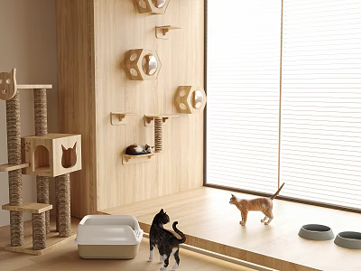 Wooden Bogu Shelf with Cat Tree Litter Box and Cats by Window Blinds 3d model