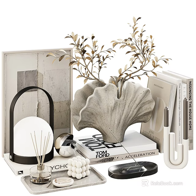 Elegant Modern Decorative Accessories Set With Shell Shaped Vase Greenery Books And Table Lamp 3d model 