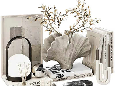 Elegant Modern Decorative Accessories Set With Shell Shaped Vase Greenery Books And Table Lamp 3d model
