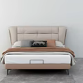 Modern Double Bed With Tufted Beige Headboard Multiple Pillows And Brown Blanket 3d model