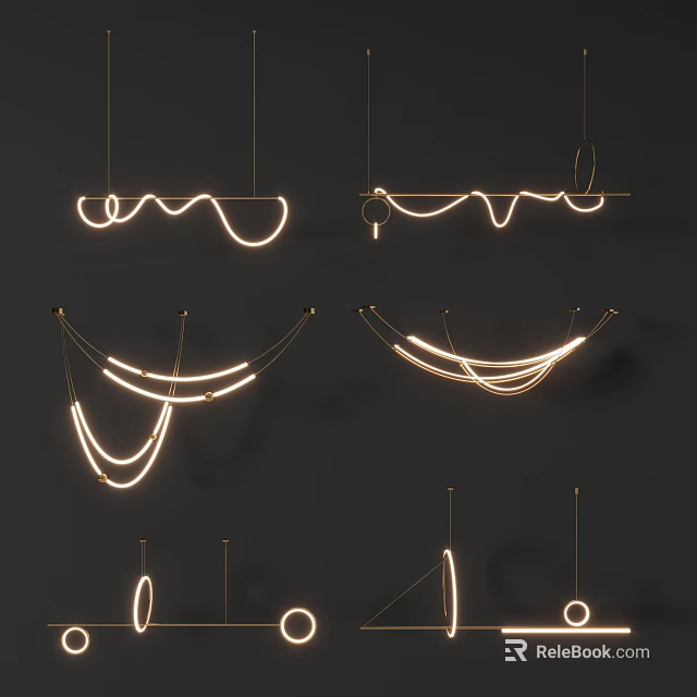 Modern Curved Line Chandeliers With Glowing Light Against Dark Background 3d model 