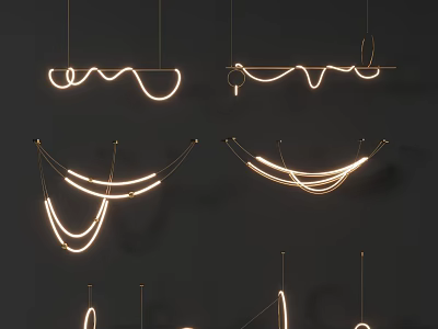 Modern Curved Line Chandeliers With Glowing Light Against Dark Background 3d model