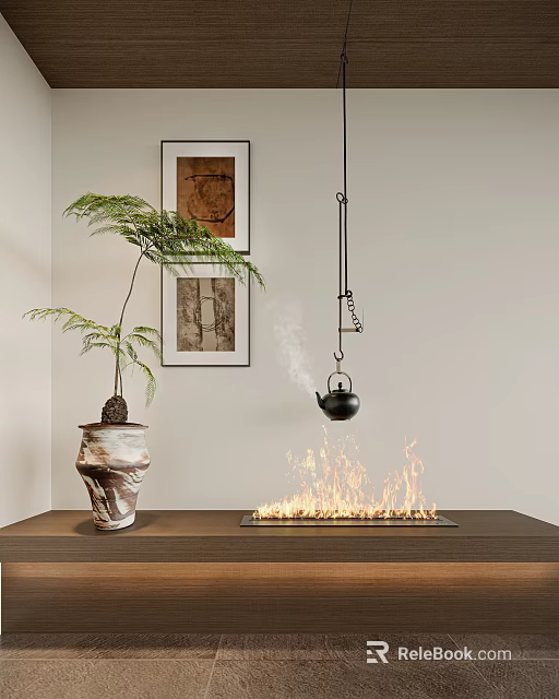 Contemporary Abstract Painting Interior With Framed Art Potted Fern Hanging Teapot And Fireplace Flames 3d model 