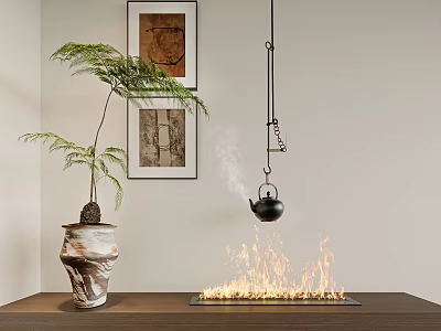 Contemporary Abstract Painting Interior With Framed Art Potted Fern Hanging Teapot And Fireplace Flames 3d model