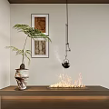 Contemporary Abstract Painting Interior With Framed Art Potted Fern Hanging Teapot And Fireplace Flames