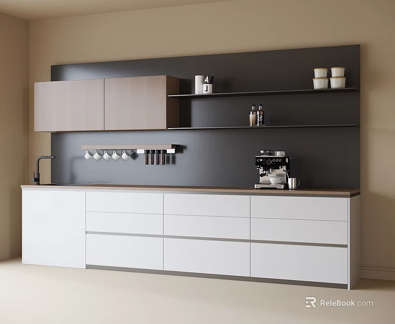 Modern Kitchen Cabinets with Upper Lower Storage and Coffee Machine Countertop Cups 3d model 