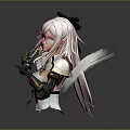 Game and Movie Character With Long White Hair Black Bow Pink Flower And Mechanical Arm