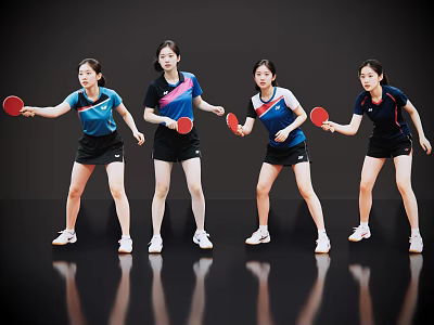 Four Women in Sportswear Holding Table Tennis Rackets Striking Dynamic Hitting Poses Against Black Background 3d model