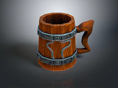 Handcrafted Wooden Mug With Ornate Metal Bands And Unique Curved Handle Design 3d model