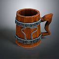 Handcrafted Wooden Mug With Ornate Metal Bands And Unique Curved Handle Design