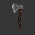 Ornate Decorative Axe Featuring Carved Metal Head And Detailed Wooden Handle