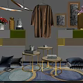 Modern Decorative Cabinet Scene With Hanging Coat Vase Flowers Framed Artworks Small Tables And Colorful Rug
