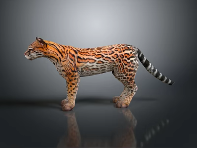 Realistic 3D Jaguar Model With Orange Black Spotted Fur Standing On Dark Reflective Surface 3d model