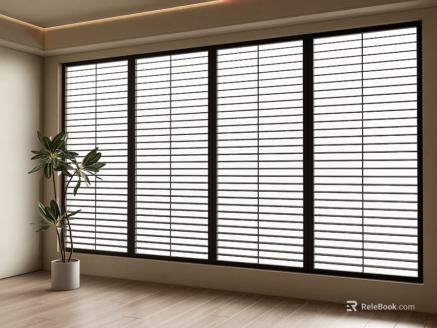 Modern Window Blinds on Large Windows with Potted Plant and Wooden Floor 3d model 