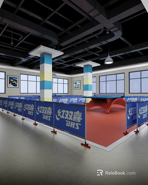 Sports Fitness Indoor Table Tennis Court With DHS Branded Blue Barriers 3d model 