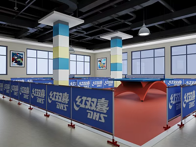 Sports Fitness Indoor Table Tennis Court With DHS Branded Blue Barriers 3d model