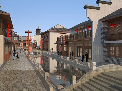 Traditional Commercial Street With Water Canal Red Lanterns And Pedestrians 3d model