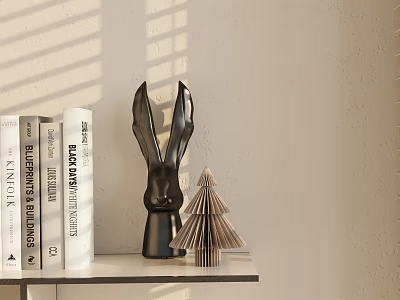 Stylish Decorative Ornament Set With Black Rabbit Figurine Origami Tree And Books On Shelf 3d model