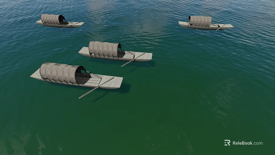 Landscape Sculpture Featuring Four Covered Boats On Green Water Surface 3d model 