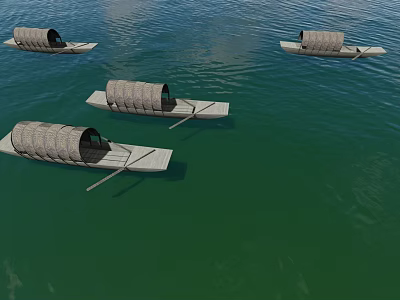 Landscape Sculpture Featuring Four Covered Boats On Green Water Surface 3d model