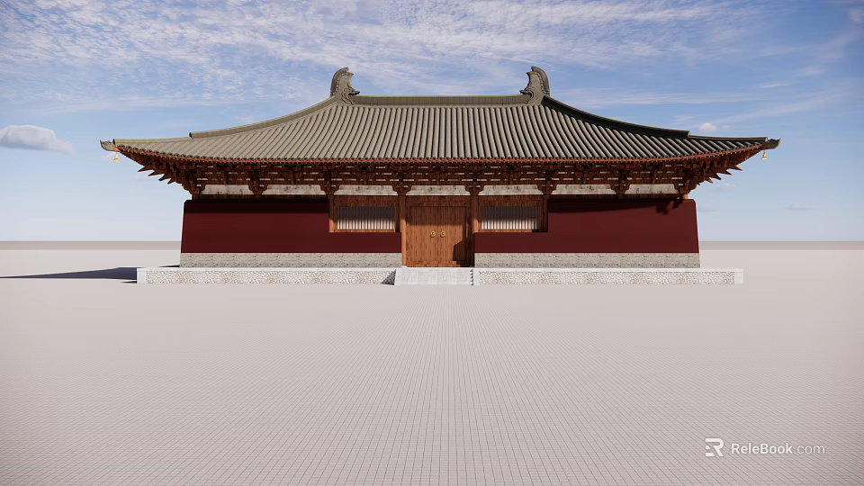 Ancient Chinese Architecture With Traditional Curved Roof Eaves Red Walls And Wooden Door 3d model 