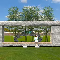 Gray Stone Feature Wall With Hollow Frame Trees Behind And Person Sitting On Grass Under Blue Sky 3d model