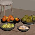 Fresh Oranges Persimmons Pears Green Apples and Apricots in Ceramic Bowls on Wooden Table