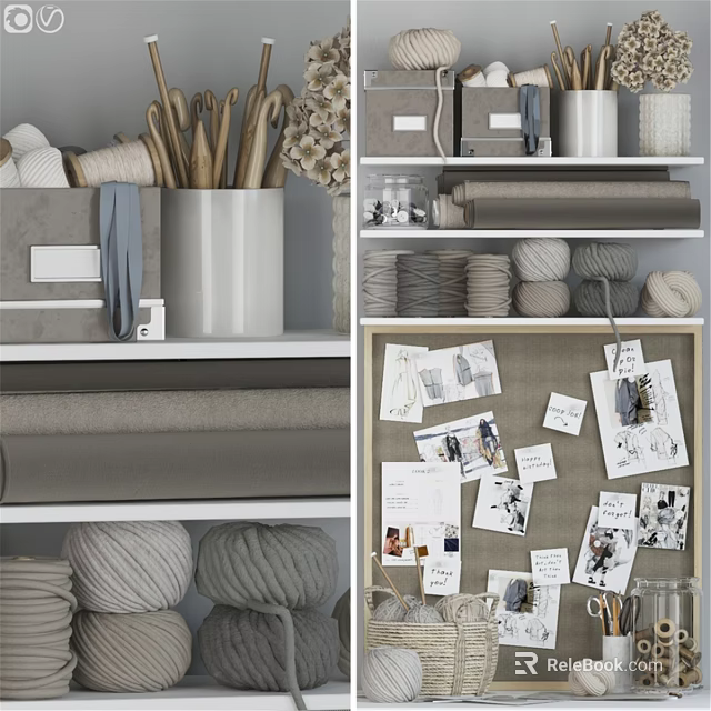 Modern Decorative Ornament Set With Storage Boxes Knitted Ropes Fabric Rolls And Photo Boards 3d model 