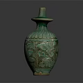 Ancient Green Glazed Ceramic Vase With Lotus Patterns And Dragon Handle 3d model