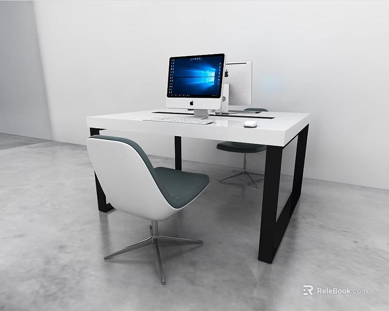 Modern Office Desk With White Tabletop Black Legs Computer Monitor And Gray Cushion Chair 3d model 
