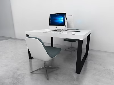 Modern Office Desk With White Tabletop Black Legs Computer Monitor And Gray Cushion Chair 3d model