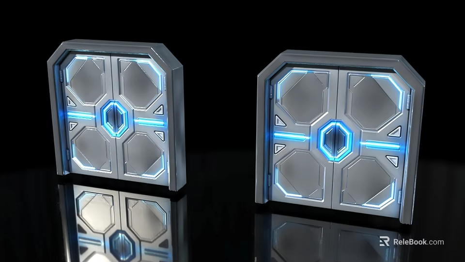 Modern Security Door With Blue Light Accents Geometric Pattern And Metal Frame 3d model 