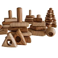 Wooden Building Blocks Stacked in Various Shapes with Natural Wood Texture for Children's Play and Learning
