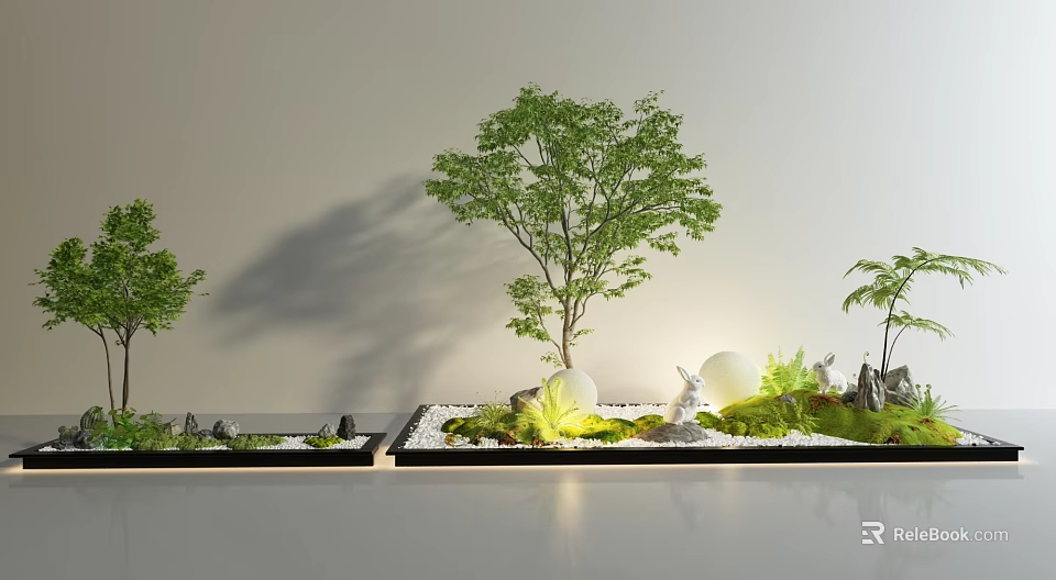 Stylish Miniature Garden Ornament With Small Trees Stones Green Plants And Lighting 3d model 