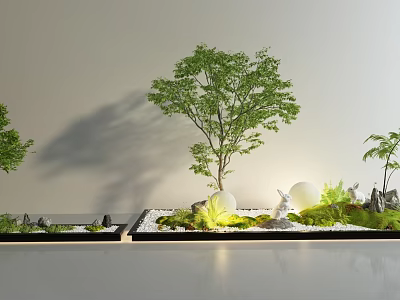 Stylish Miniature Garden Ornament With Small Trees Stones Green Plants And Lighting 3d model