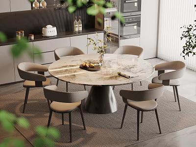 Round Marble Top Dining Table Set With Six Chairs And Modern Kitchen Background 3d model