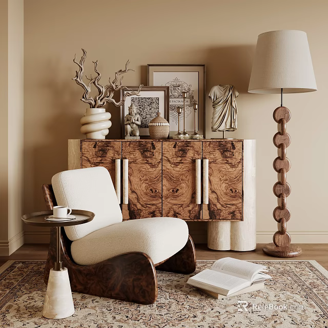 Elegant Wooden Console Cabinet With Sculptures Framed Art And Floor Lamp Near Accent Chair 3d model 