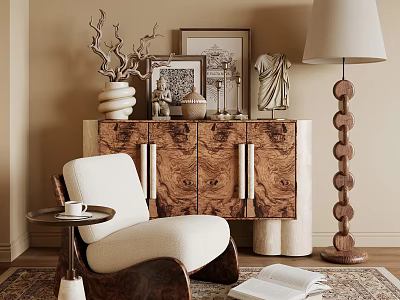 Elegant Wooden Console Cabinet With Sculptures Framed Art And Floor Lamp Near Accent Chair 3d model