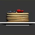 Stack of Golden Pancakes on White Square Plate with Fresh Strawberry and Blueberries