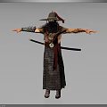 Warrior Character In Patterned Robe With Long Beard Wide Brimmed Hat And Sword Arms Outstretched