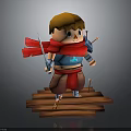 Cartoon Warrior Character With Orange Hair Red Scarf Blue Outfit And Sword On Wooden Platform