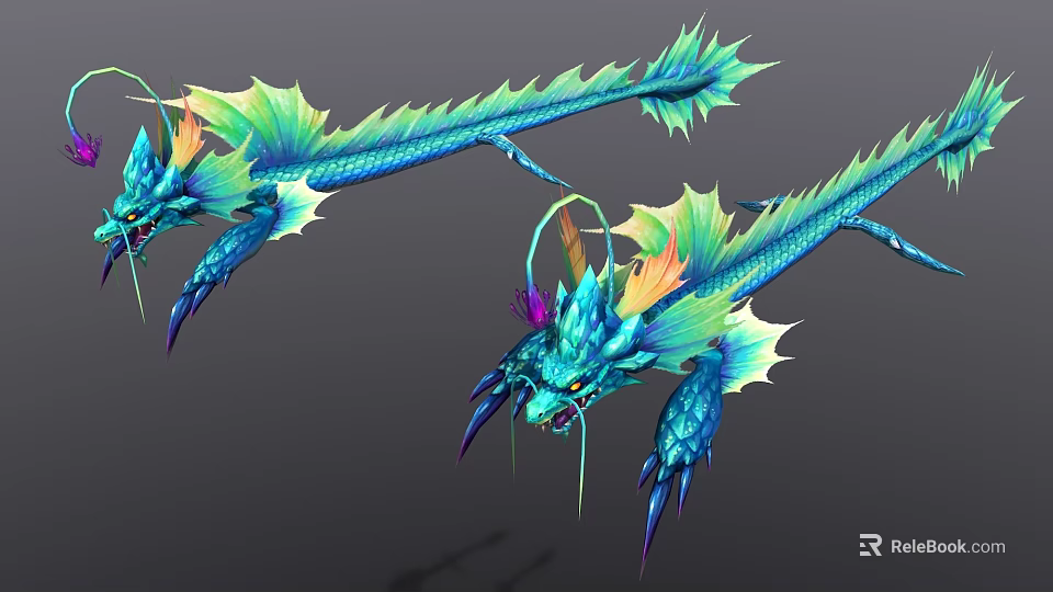Game Movie Character Two Blue Dragons With Green Yellow Wings Horns Sharp Fangs Purple Decorations 3d model 