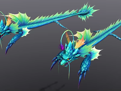 Game Movie Character Two Blue Dragons With Green Yellow Wings Horns Sharp Fangs Purple Decorations 3d model