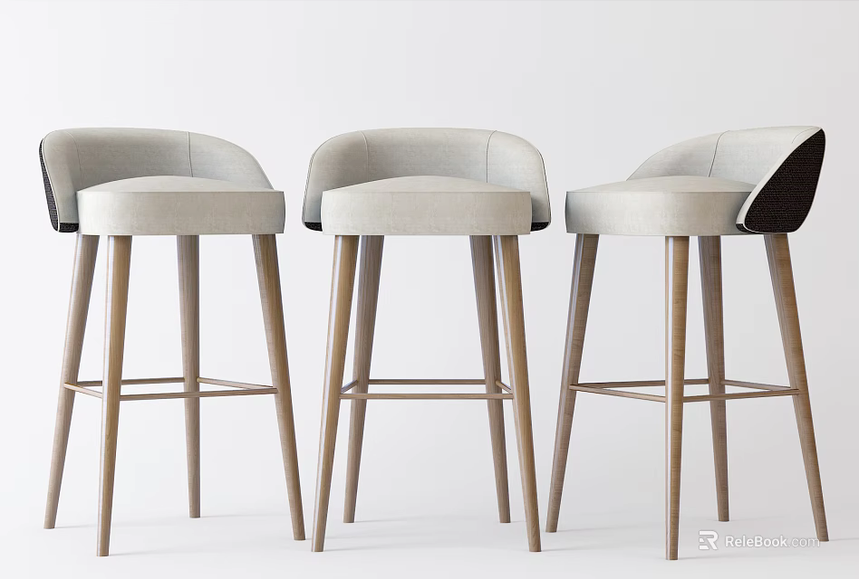 Modern Bar Stools With Curved Backrest Light Beige Upholstered Seats And Wooden Legs 3d model 