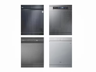 Kitchen Appliances Featuring Four Different Dishwashers In Stainless Steel And Silver Black 3d model