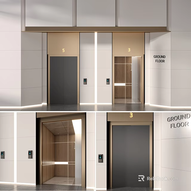 Modern Elevators With Glass Doors Metal Panels And Ground Floor Indicators 3d model
