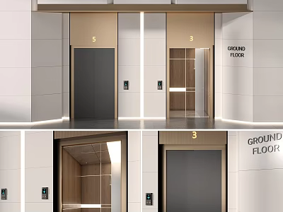 Modern Elevators With Glass Doors Metal Panels And Ground Floor Indicators 3d model