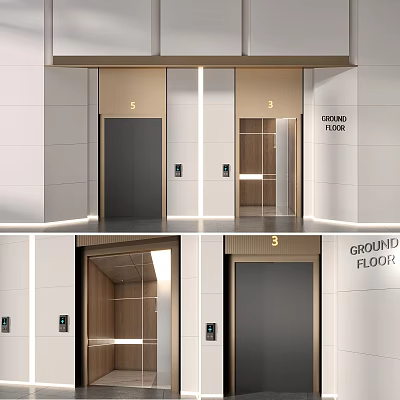 Modern Elevators With Glass Doors Metal Panels And Ground Floor Indicators 3d model